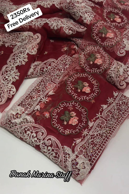 NF-115 Crimson Embroidered Danak 2PC